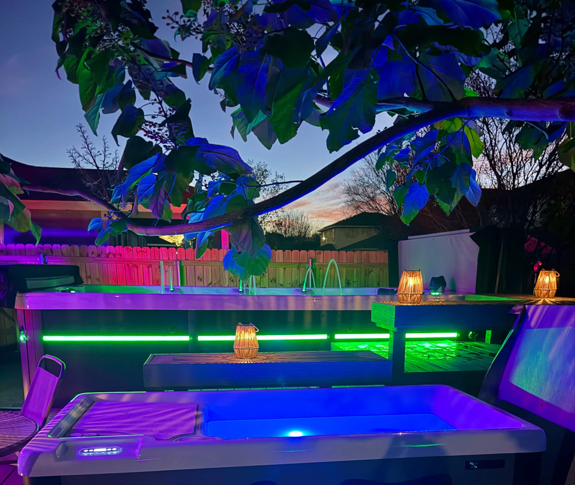 The oasis lit up at night